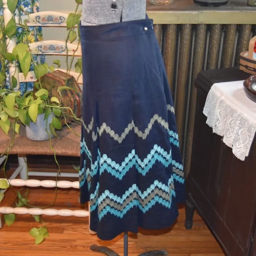 Y2K Dressbarn Boho Linen Midi Skirt Lined Zig-Zag Stripes A-Line Blue Size 16